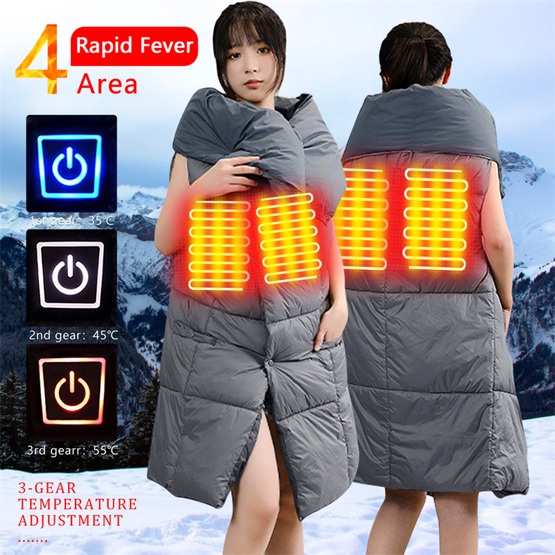 A woman wearing a USB heated vest in the snow, enjoying the portable design and warmth provided by the heating areas.