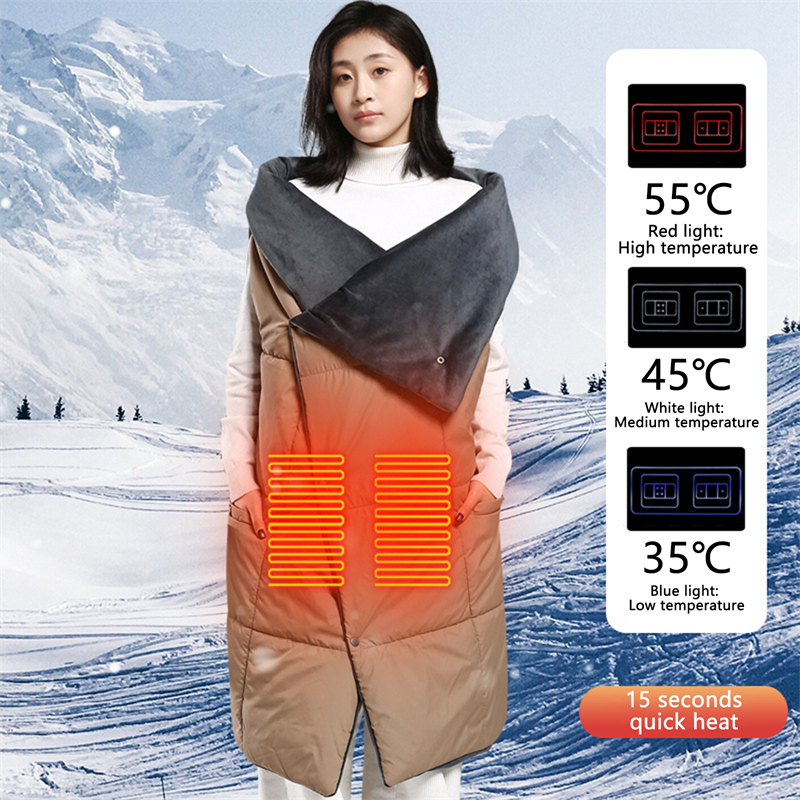 An image of a woman wearing a USB Heated Warm Shawl in the snow.