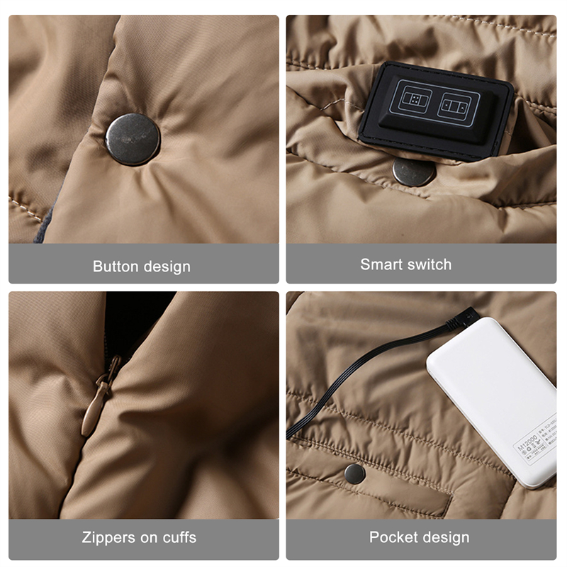 A heated warm shawl features smart switch to control the temperature, zippers on cuffs and pocket design for charger.