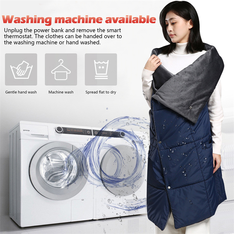 A woman is standing next to a washing machine to wash the heated warm shawl effortlessly.